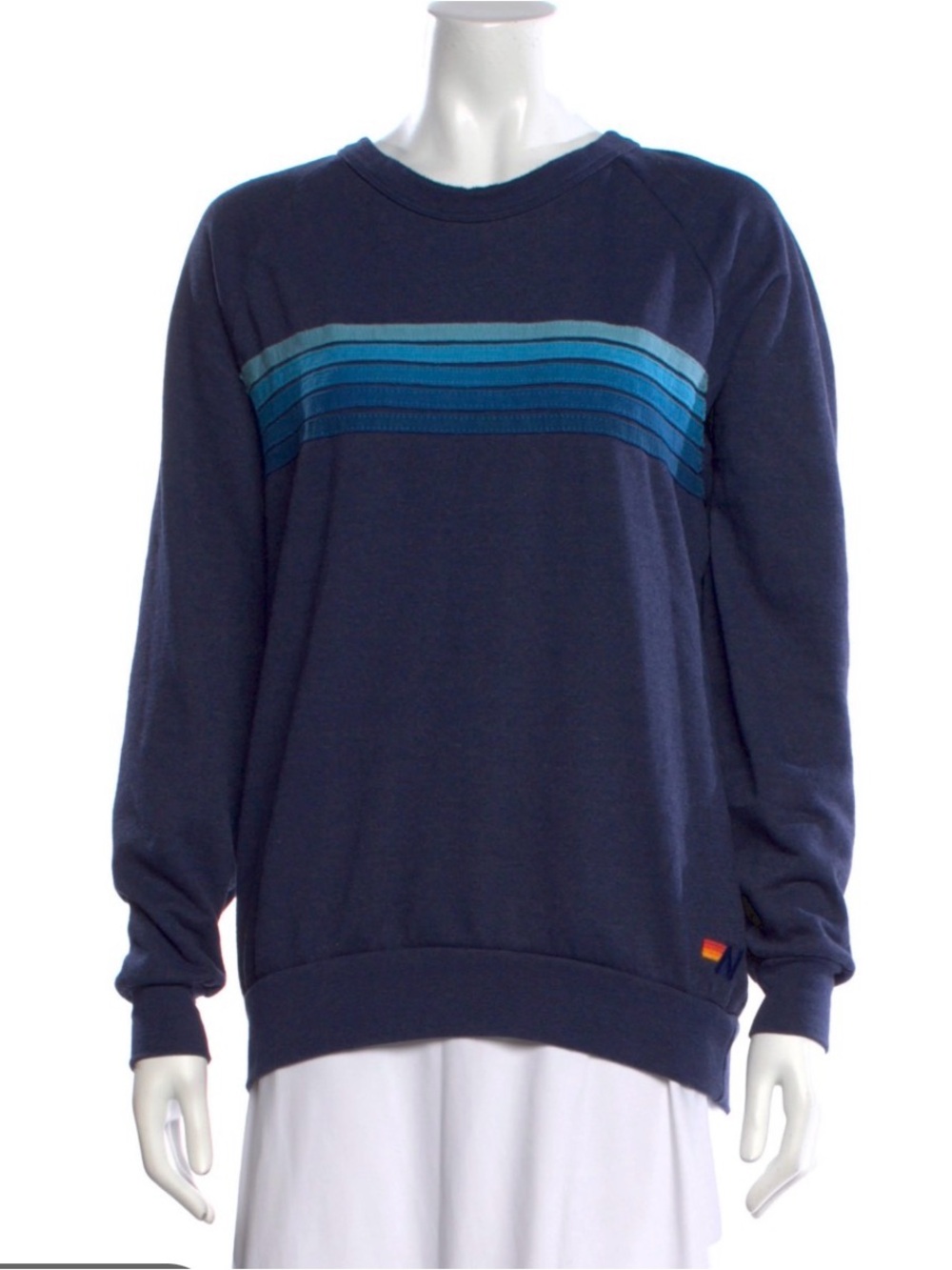 Aviator Nation Women's Navy Crewneck Sweater with Teal & Aqua Stripes